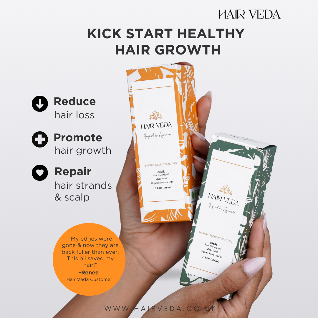 Image promoting healthy hair growth with natural ingredients and tips for revitalizing hair health.