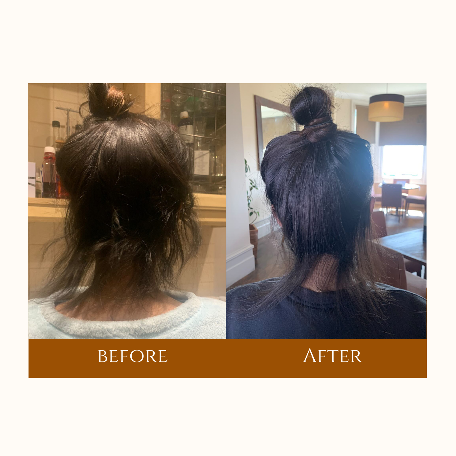 Before and after photos displaying the impact of hair extensions, emphasizing enhanced length and overall style.