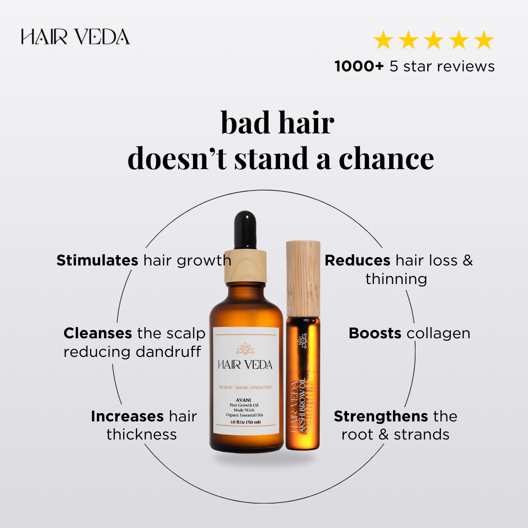 Hair Veda advertisement featuring the phrase "Bad hair doesn't stand a chance" with a colorful design.