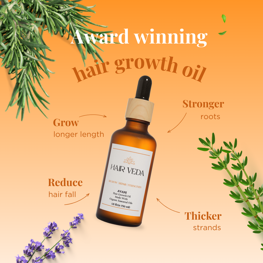 A bottle of hair growth oil surrounded by herbs and flowers, highlighting its natural formulation for hair enhancement.