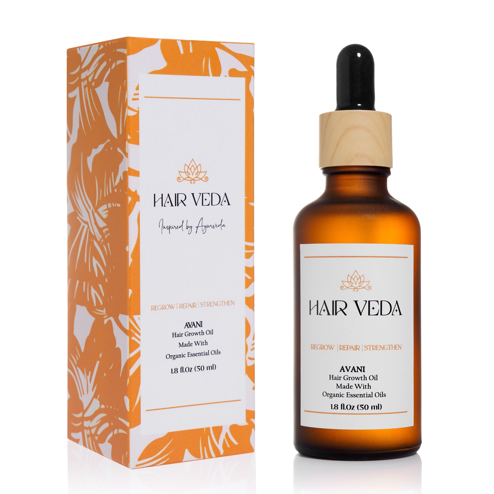 Avani Hair Oil by Hair Veda, featuring bright orange packaging and a box, highlighting its unique design and branding.
