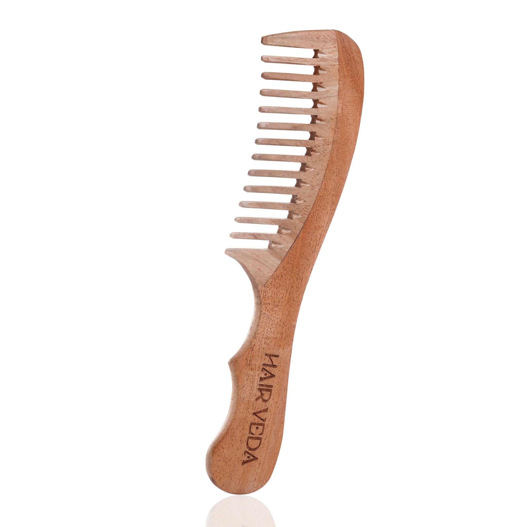 A wooden comb featuring a smooth wooden handle, designed for grooming hair.