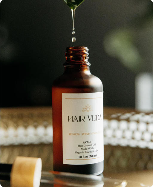 A bottle of Avani Hair Growth Oil from Hair Veda, showcasing its nourishing properties for healthy hair.
